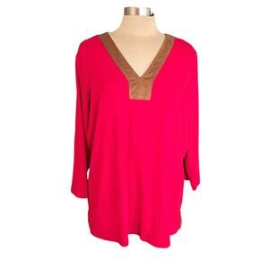 Lauren Ralph Lauren Red Knit Top Suede Contrast Details Size XL Fall Equestrian